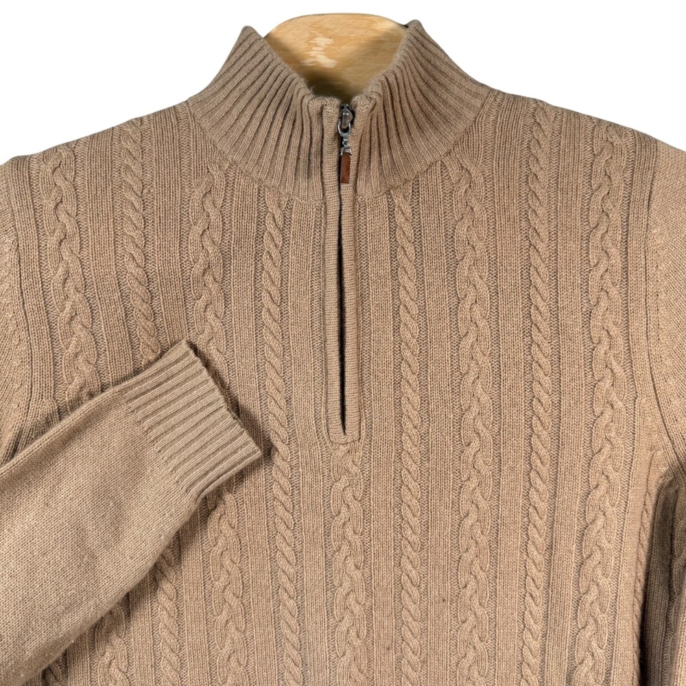 Cezani Sweater Quarter Zip Mens M Tan Cashmere Cable‎ Knit Mock Neck Pullover